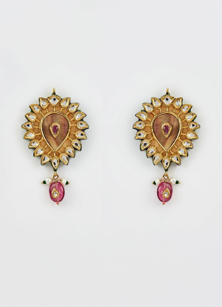 Gold Plated Pink Kundan And Polki Drop Earrings Vivinia by Vidhi Mehra - Fabilicious Fashion