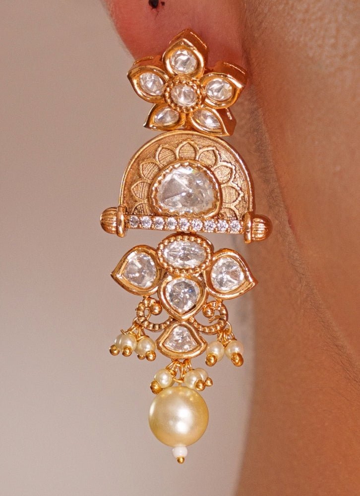 Gold Plated Pink Kundan Polki Necklace Set With White Beads Zevar by Geeta - Fabilicious Fashion