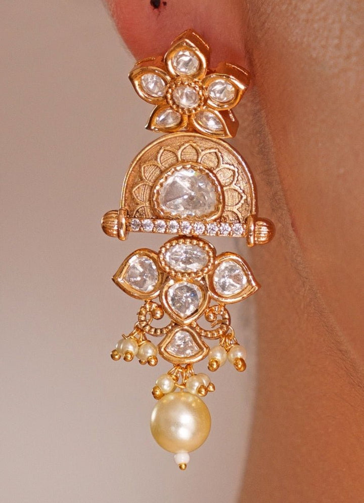 Gold Plated Pink Kundan Polki Necklace Set With White Beads Zevar by Geeta - Fabilicious Fashion