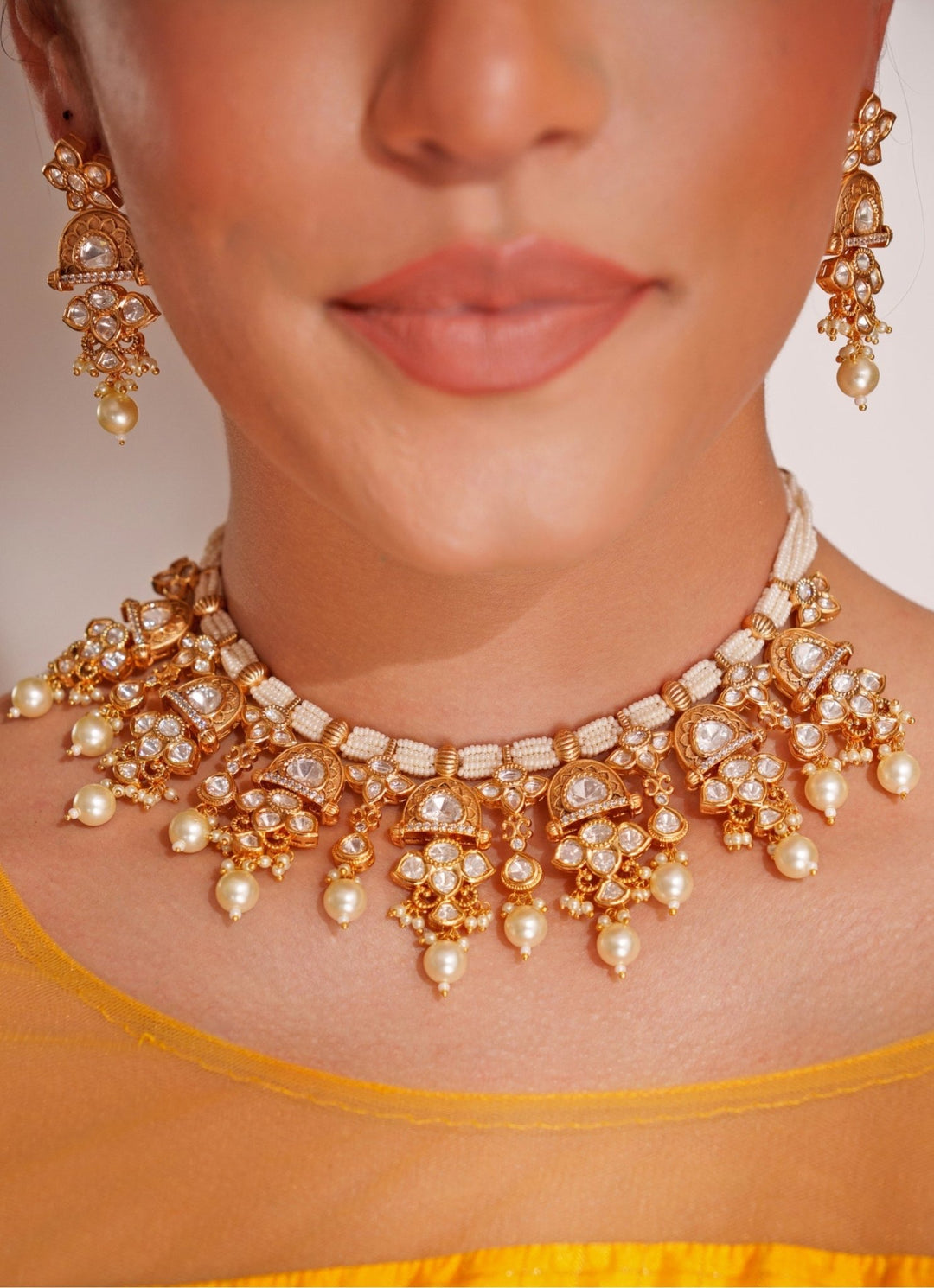 Gold Plated Pink Kundan Polki Necklace Set With White Beads Zevar by Geeta - Fabilicious Fashion