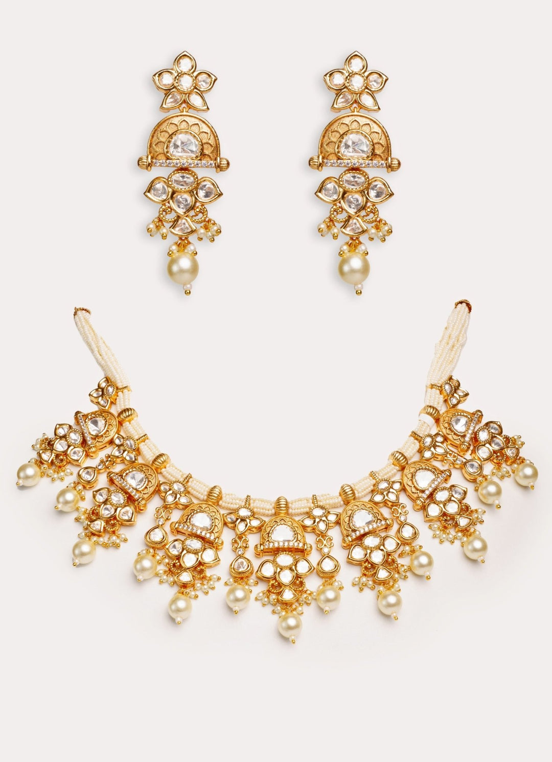 Gold Plated Pink Kundan Polki Necklace Set With White Beads Zevar by Geeta - Fabilicious Fashion