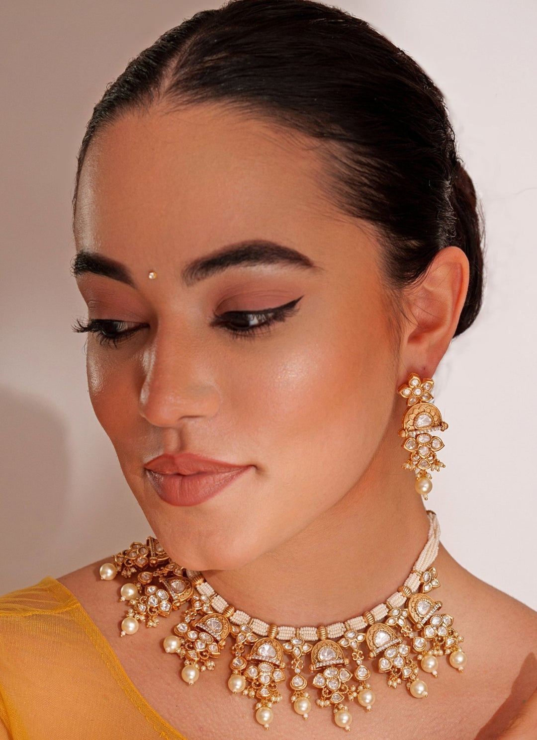 Gold Plated Pink Kundan Polki Necklace Set With White Beads Zevar by Geeta - Fabilicious Fashion