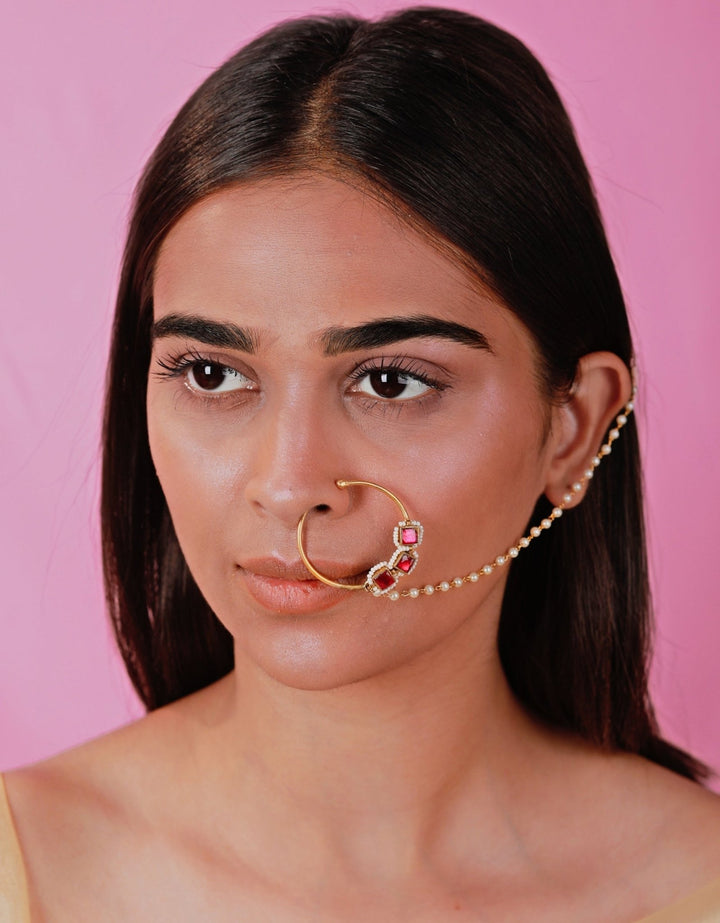 Gold Plated Pink Square Design Nose Ring Riana by Shikha Jindal - Fabilicious Fashion