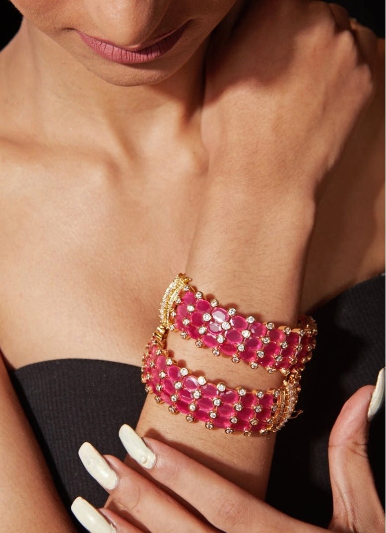 Gold Plated Pink Stone And Kundan Polki Bangle Set Vivinia by Vidhi Mehra - Fabilicious Fashion