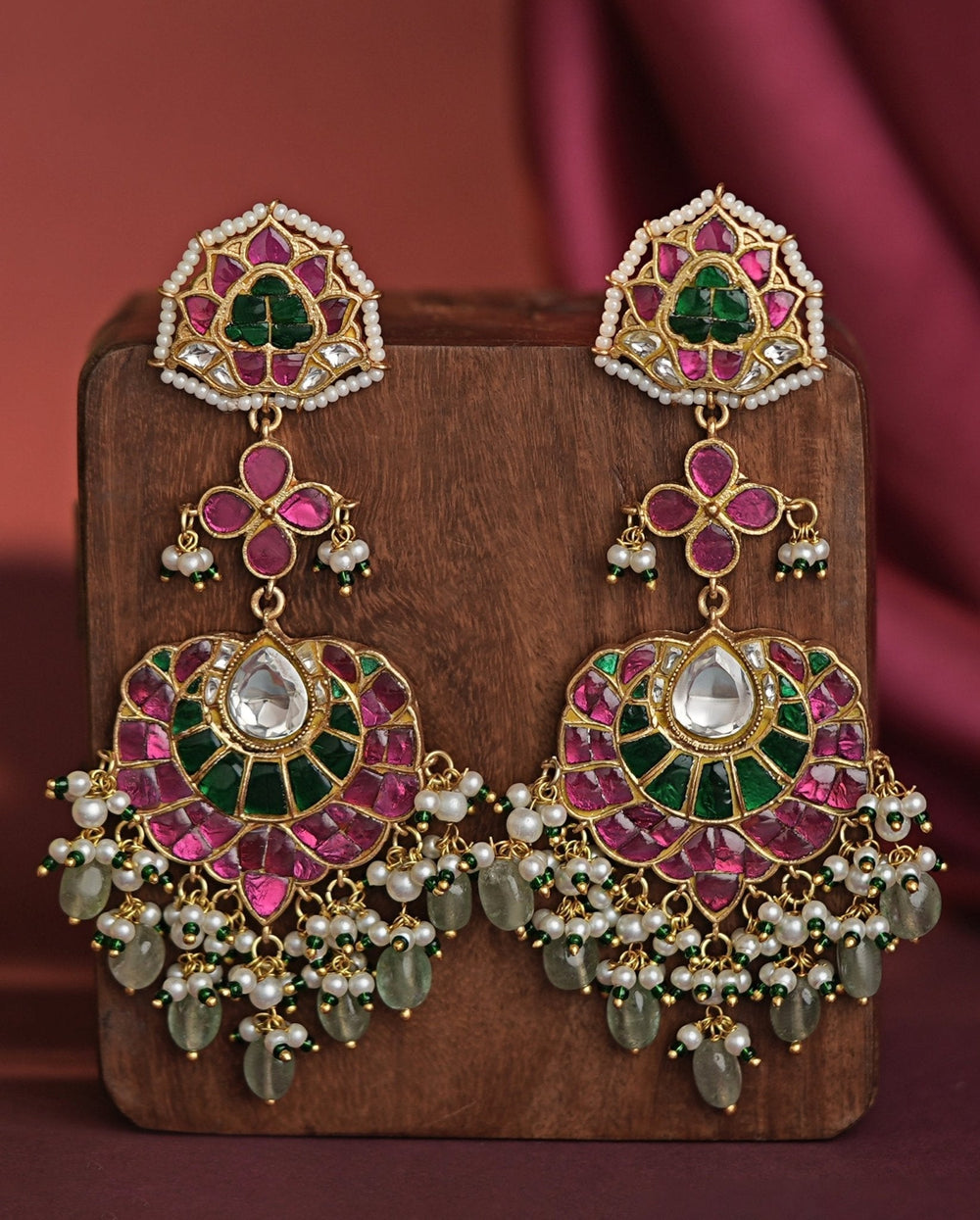 Gold Plated Pink Stone Jadau Long Earrings Kalyani Indian Jewelry - Fabilicious Fashion