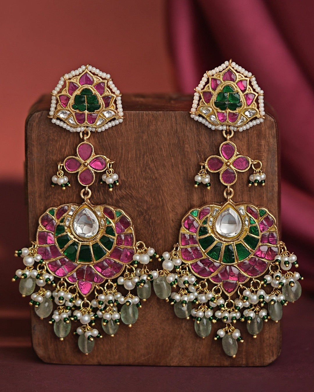 Gold Plated Pink Stone Jadau Long Earrings Kalyani Indian Jewelry - Fabilicious Fashion