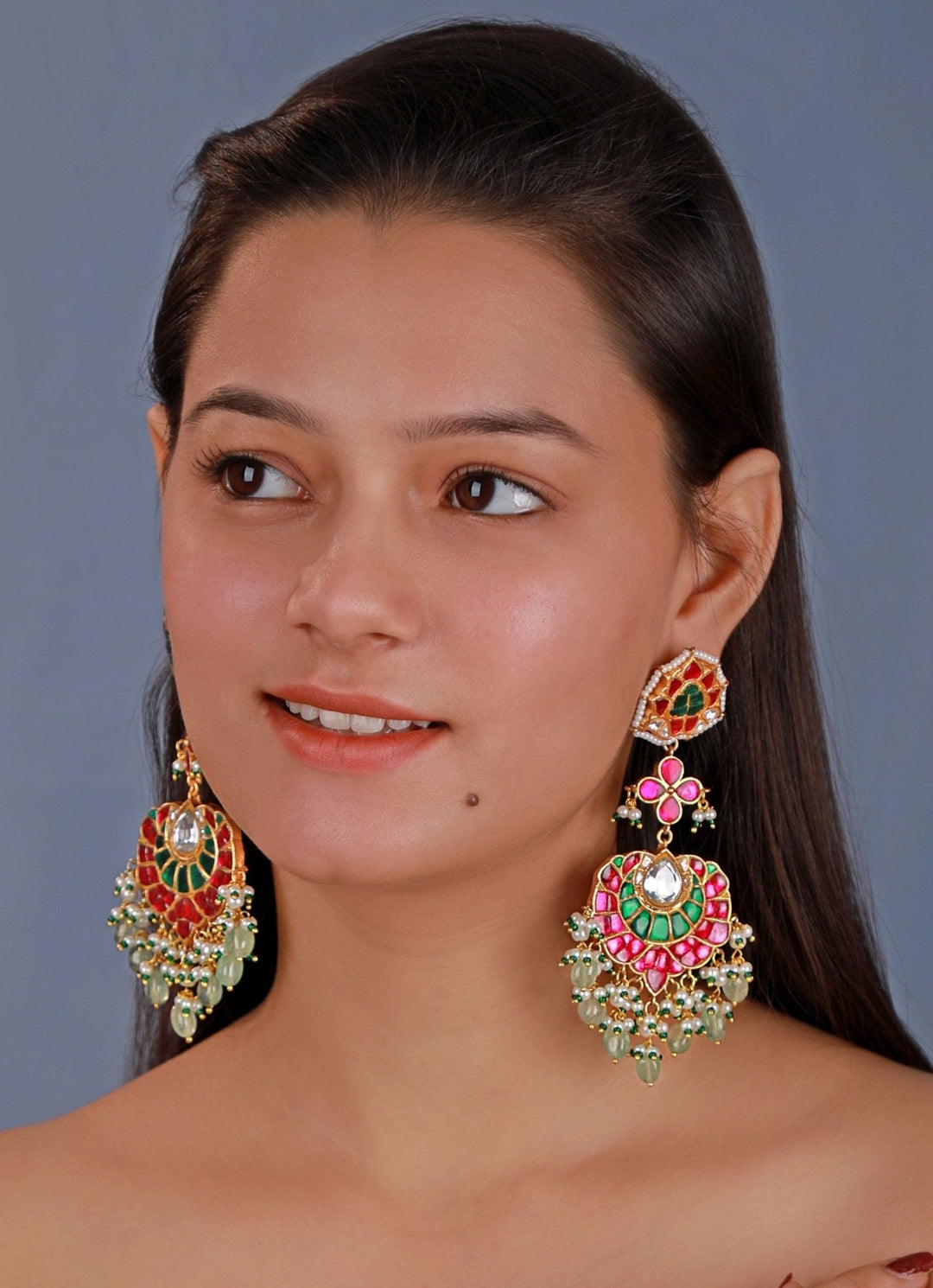 Gold Plated Pink Stone Jadau Long Earrings Kalyani Indian Jewelry - Fabilicious Fashion