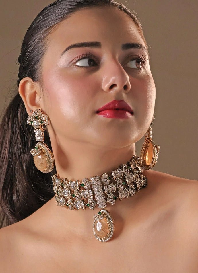 Mr Jewels Gold Plated Polki And Champagne Stone Choker SetFabilicious Fashion