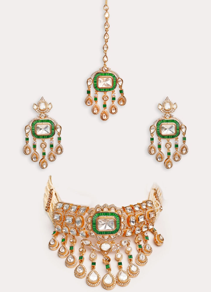 Gold Plated Polki And Green Stone Choker Set With Maangtikka Zevar by Geeta - Fabilicious Fashion