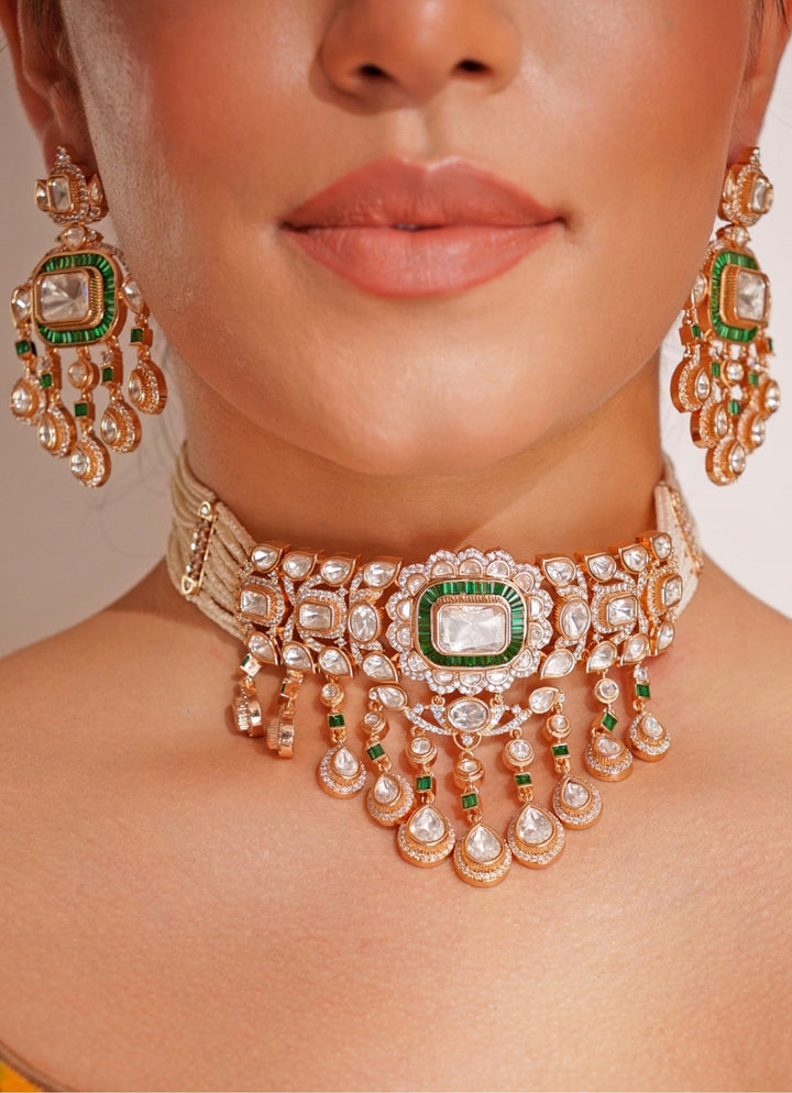 Gold Plated Polki And Green Stone Choker Set With Maangtikka Zevar by Geeta - Fabilicious Fashion