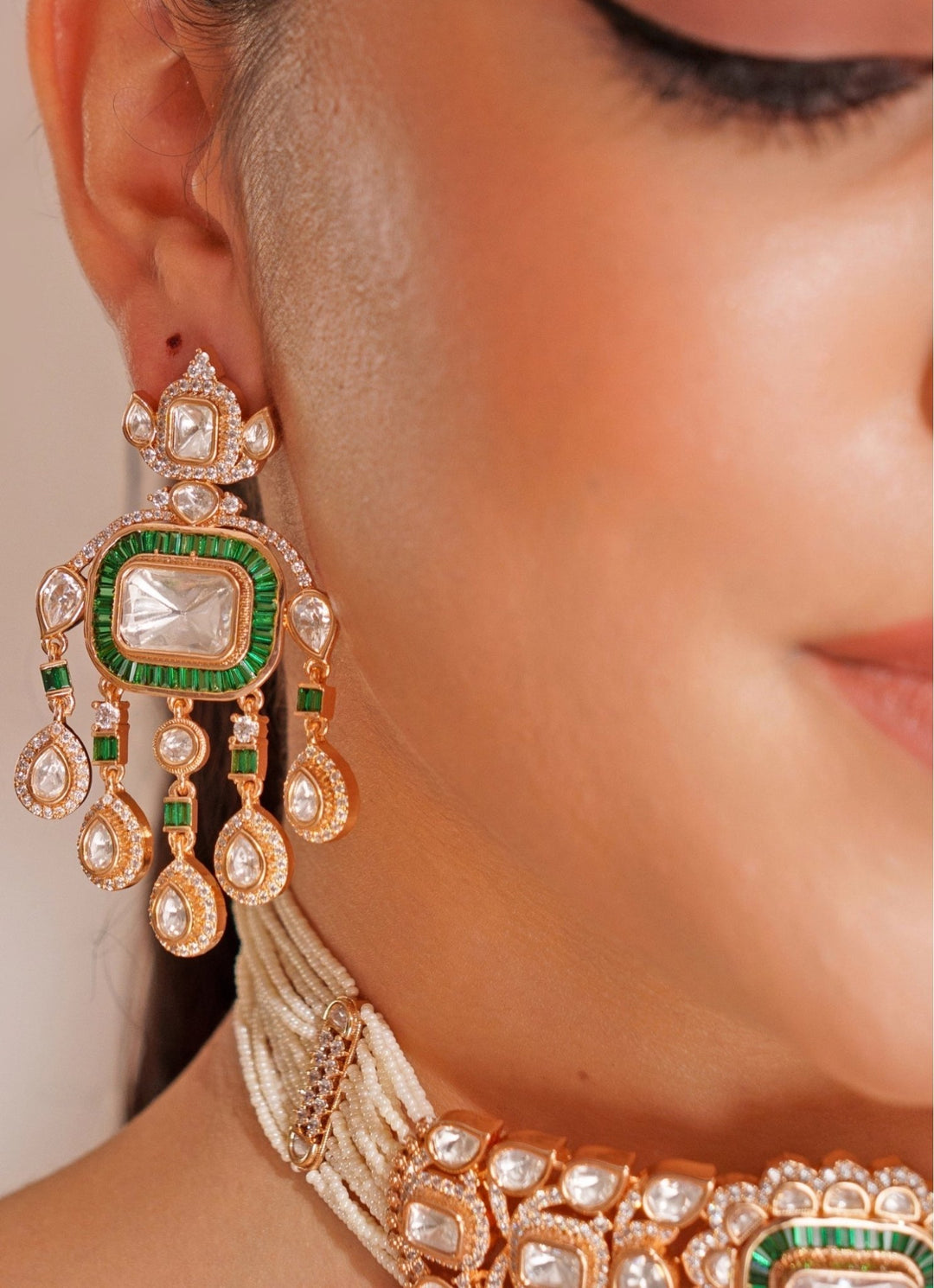 Gold Plated Polki And Green Stone Choker Set With Maangtikka Zevar by Geeta - Fabilicious Fashion