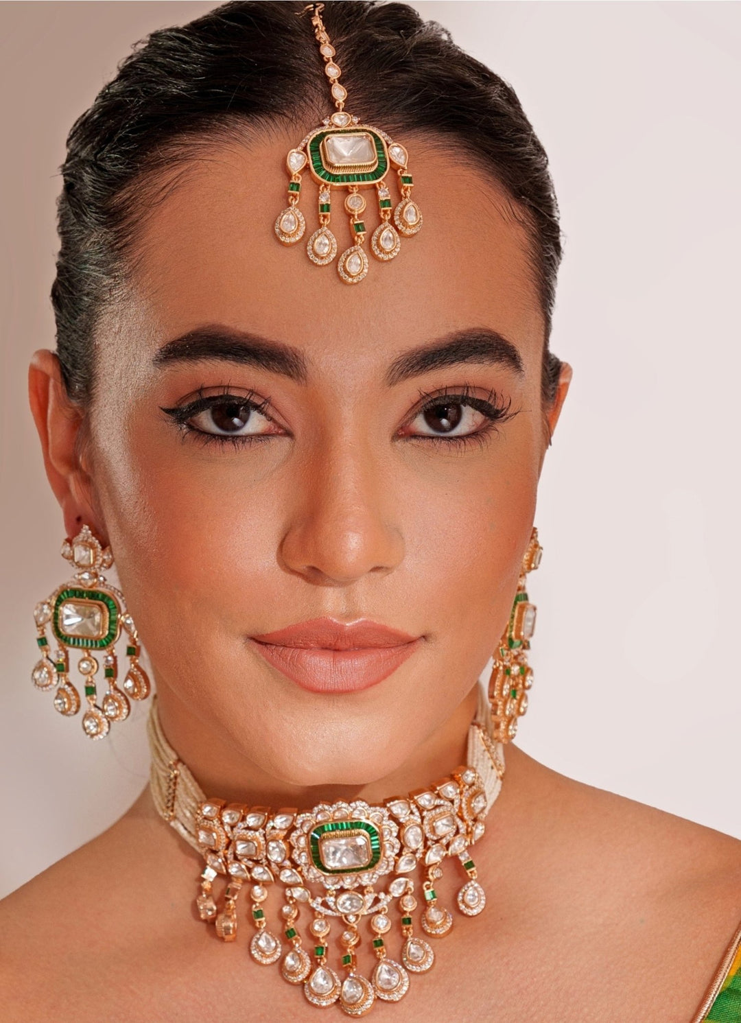 Gold Plated Polki And Green Stone Choker Set With Maangtikka Zevar by Geeta - Fabilicious Fashion