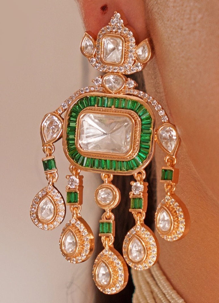 Gold Plated Polki And Green Stone Choker Set With Maangtikka Zevar by Geeta - Fabilicious Fashion