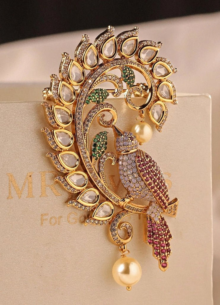 Mr Jewels Gold Plated Polki And Pearl Peacock BroochFabilicious Fashion