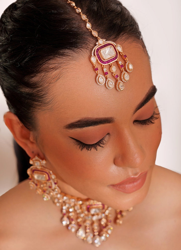 Gold Plated Polki And Red Stone Choker Set With Maangtikka Zevar by Geeta - Fabilicious Fashion