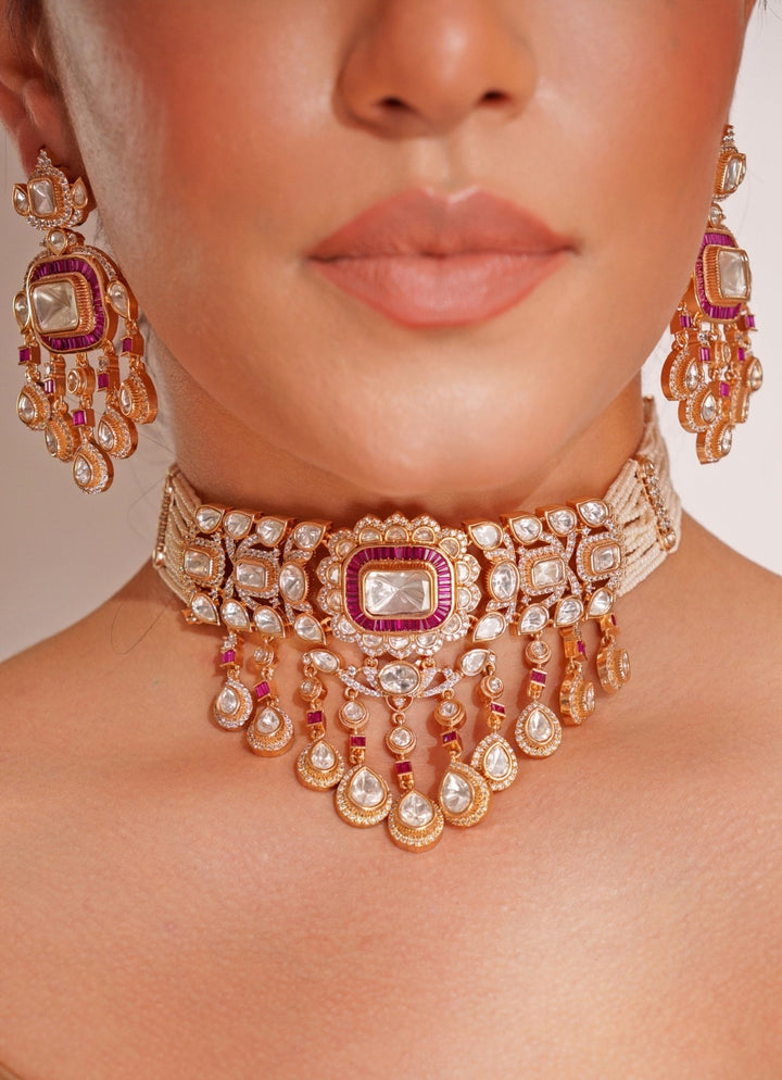 Gold Plated Polki And Red Stone Choker Set With Maangtikka Zevar by Geeta - Fabilicious Fashion