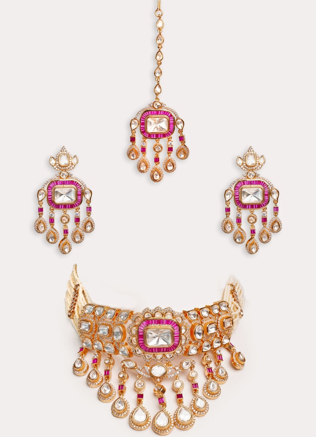 Gold Plated Polki And Red Stone Choker Set With Maangtikka Zevar by Geeta - Fabilicious Fashion