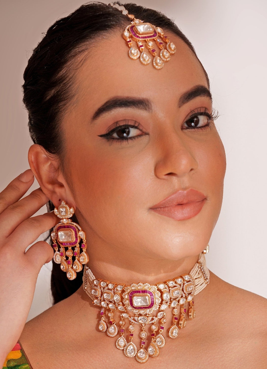 Gold Plated Polki And Red Stone Choker Set With Maangtikka Zevar by Geeta - Fabilicious Fashion