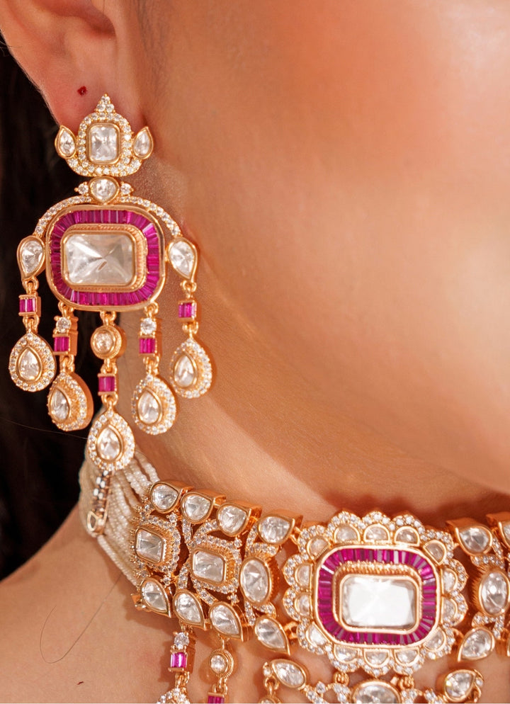 Gold Plated Polki And Red Stone Choker Set With Maangtikka Zevar by Geeta - Fabilicious Fashion