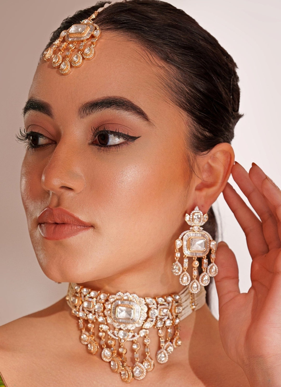 Gold Plated Polki And White Stone Choker Set With Maangtikka Zevar by Geeta - Fabilicious Fashion