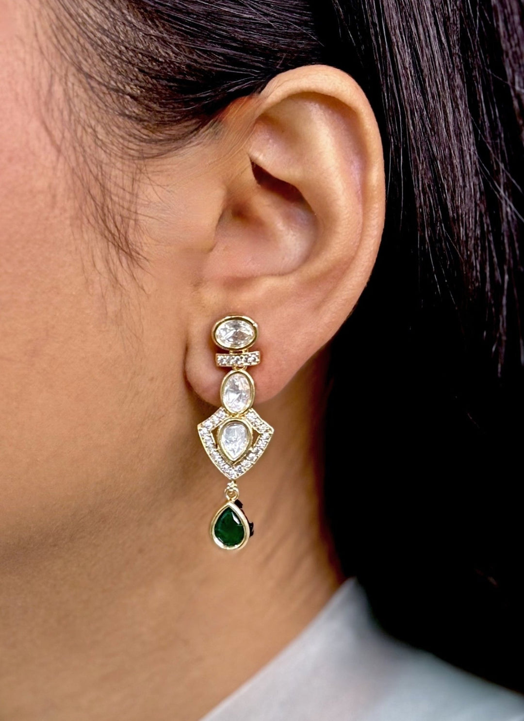 Naymee Gold Plated Polki Danglers With Green StonesFabilicious Fashion