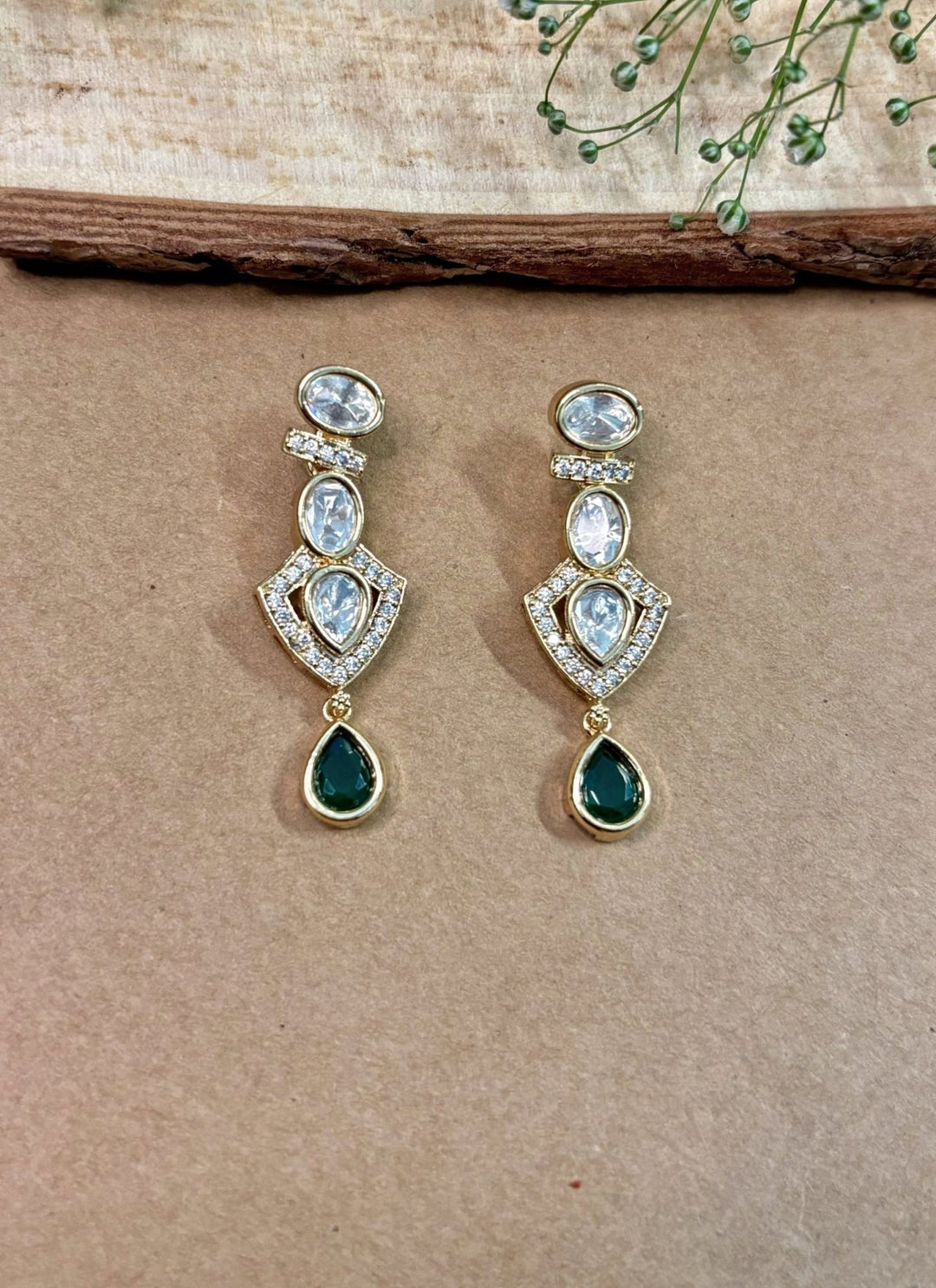 Naymee Gold Plated Polki Danglers With Green StonesFabilicious Fashion