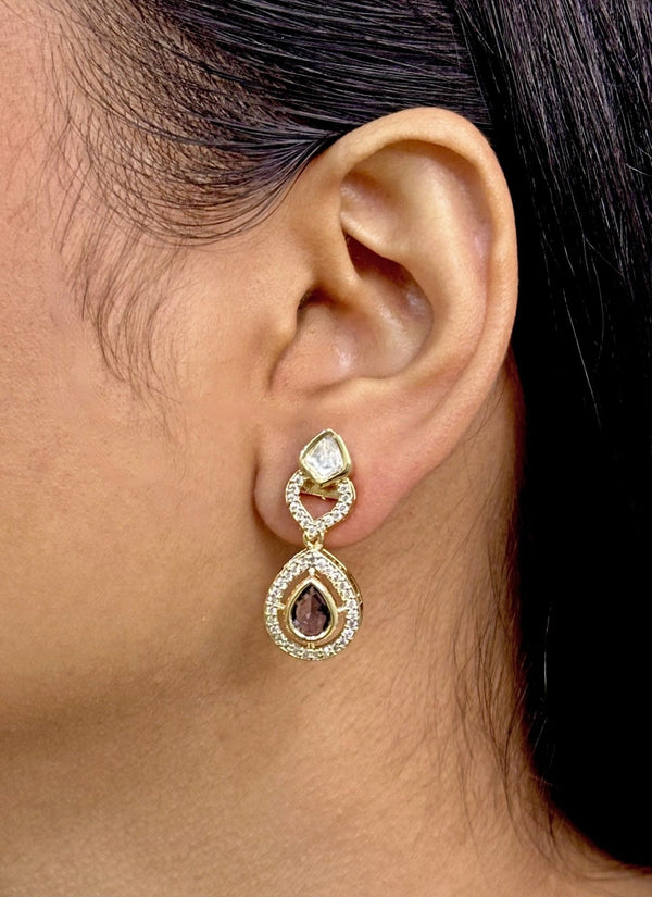 Gold Plated Polki Earrings With Purple Stone