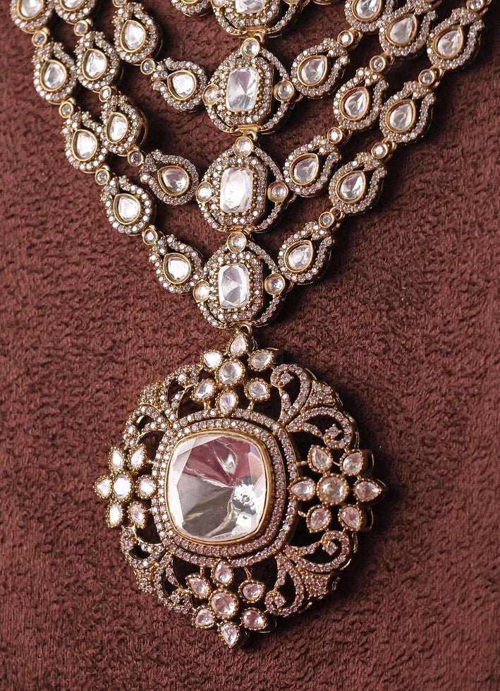 Gold Plated Polki Layered Bridal Necklace Set Mr Jewels - Fabilicious Fashion