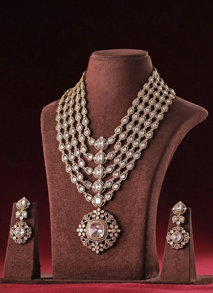 Gold Plated Polki Layered Bridal Necklace Set Mr Jewels - Fabilicious Fashion