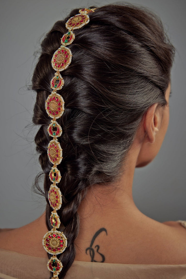 Gold Plated Red And Green Beaded Kundan Matha Patti Vivinia by Vidhi Mehra - Fabilicious Fashion