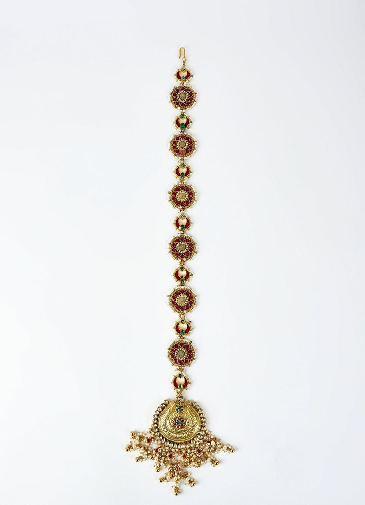 Gold Plated Red And Green Beaded Kundan Matha Patti Vivinia by Vidhi Mehra - Fabilicious Fashion