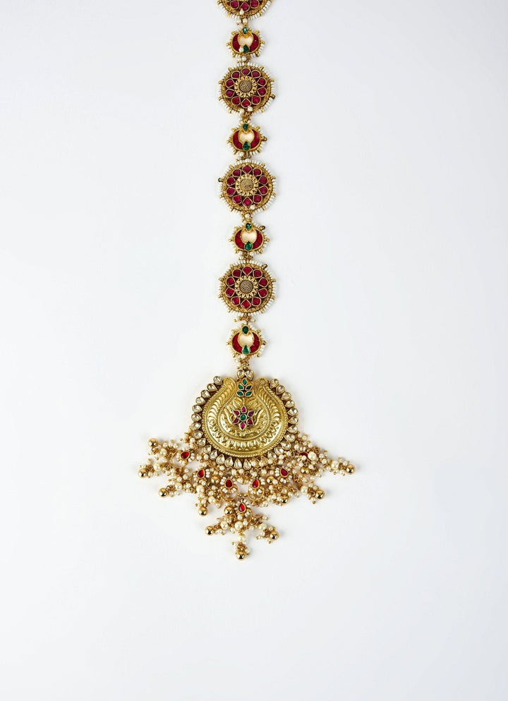 Gold Plated Red And Green Beaded Kundan Matha Patti Vivinia by Vidhi Mehra - Fabilicious Fashion
