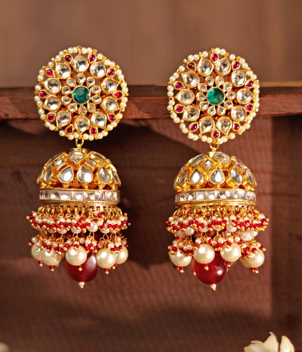 Gold Plated Red And Green Jhumka Earrings Kalyani Indian Jewelry - Fabilicious Fashion