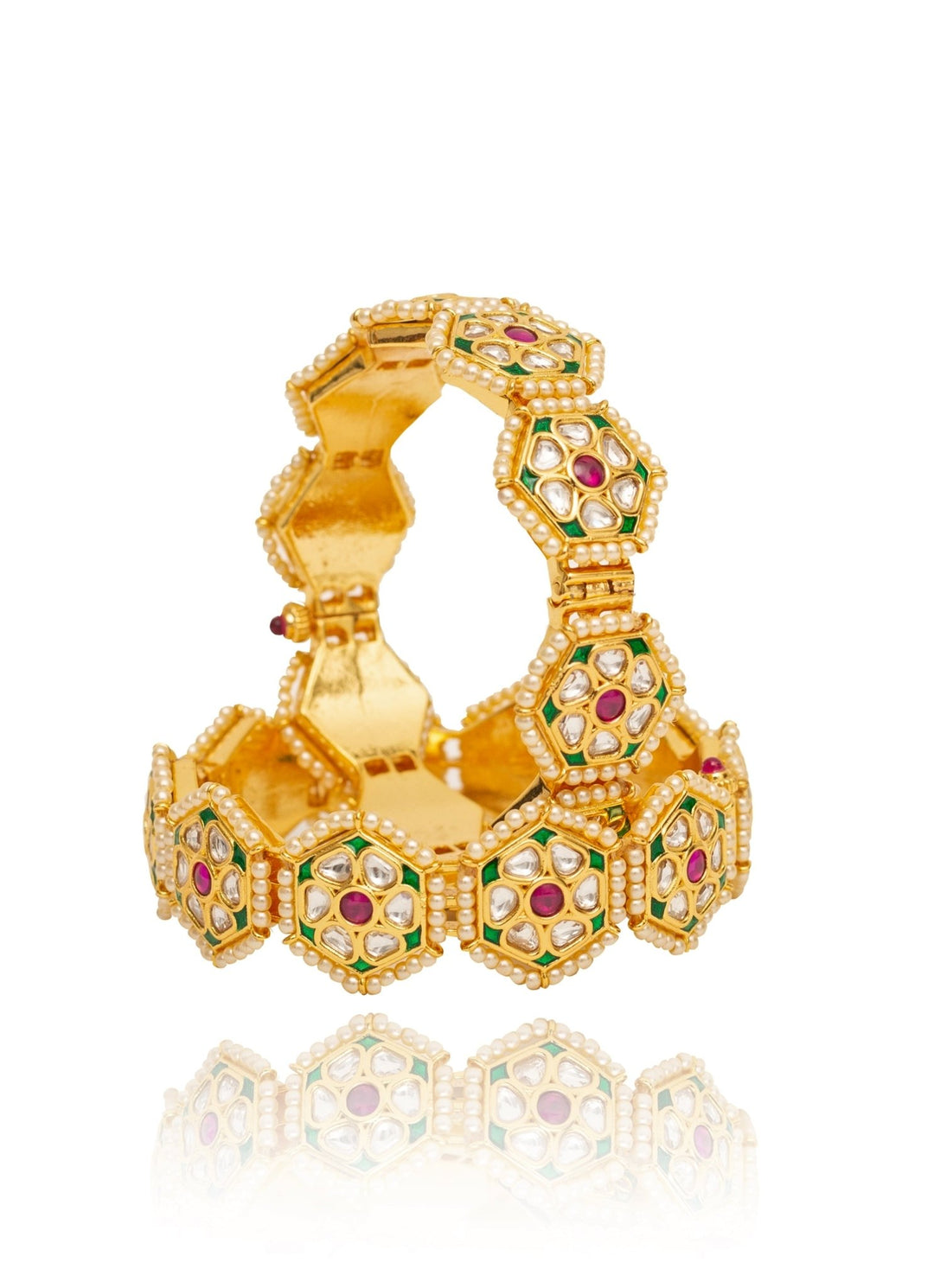 Gold Plated Red And Green Synthetic Stone Bangle Set Vivinia by Vidhi Mehra - Fabilicious Fashion