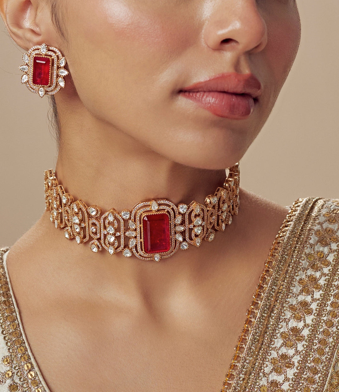 Gold Plated Red Kundan And Polki Choker Necklace Set Vivinia by Vidhi Mehra - Fabilicious Fashion