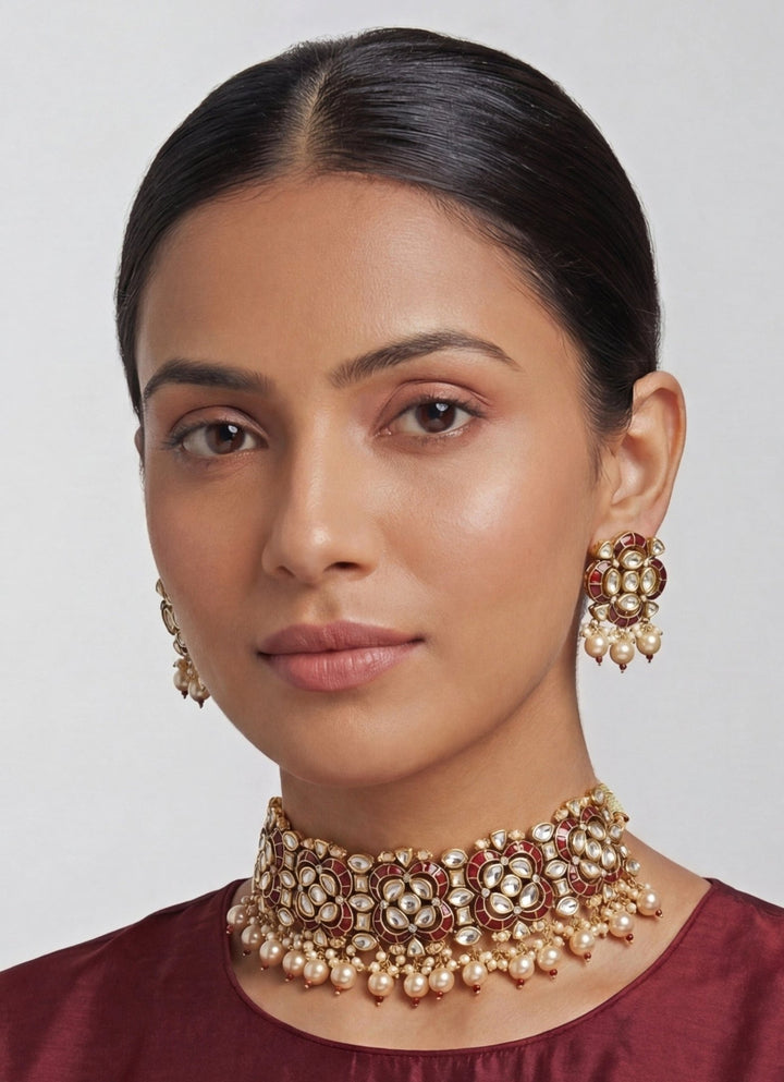 Zevar by Geeta Gold Plated Red Kundan Choker SetFabilicious Fashion