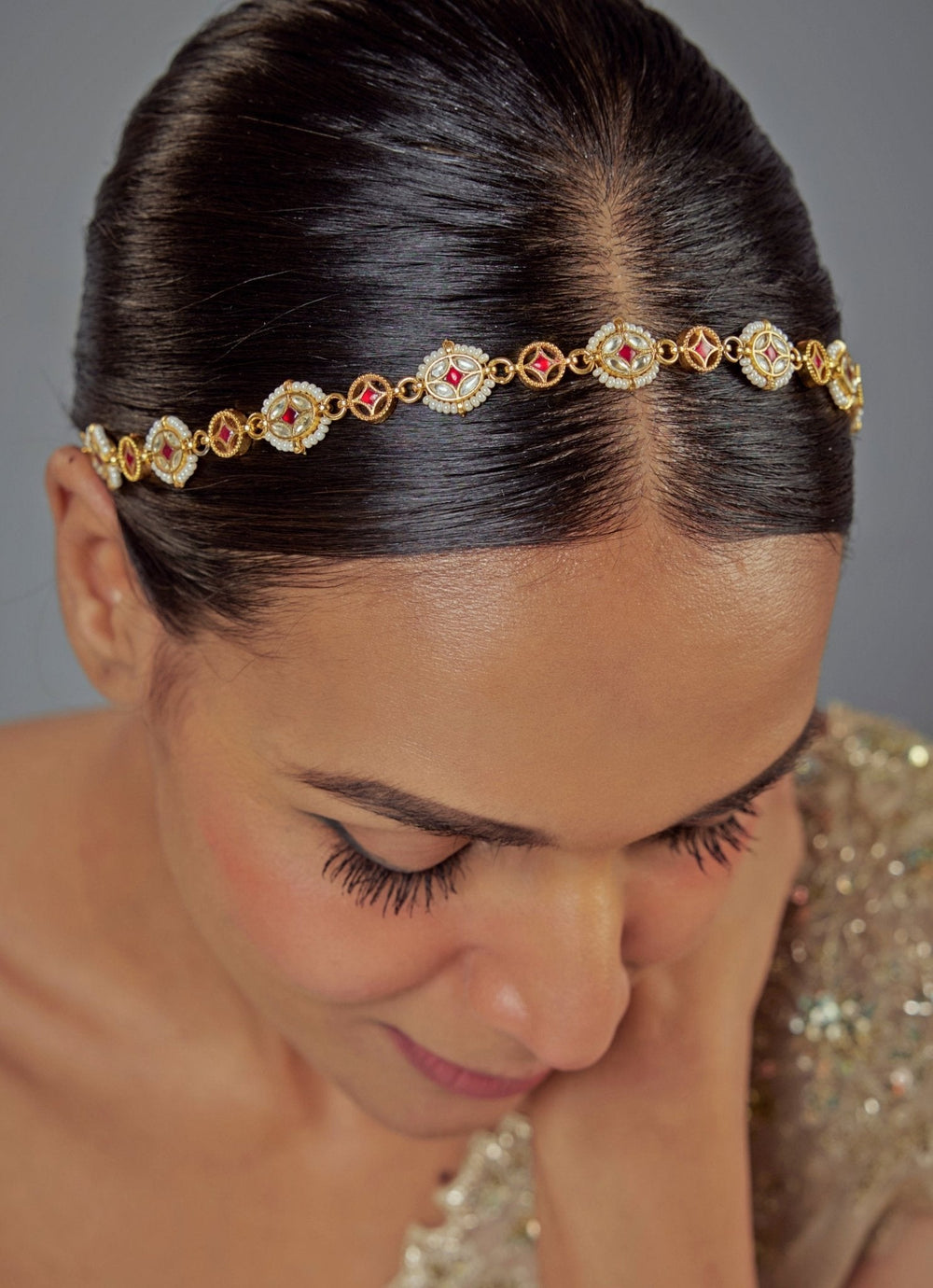 Gold Plated Red Kundan Matha Patti Vivinia by Vidhi Mehra - Fabilicious Fashion