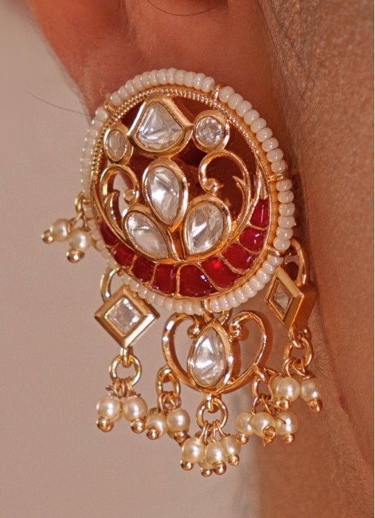 Gold Plated Red Kundan Polki Necklace Set With White Beads Zevar by Geeta - Fabilicious Fashion