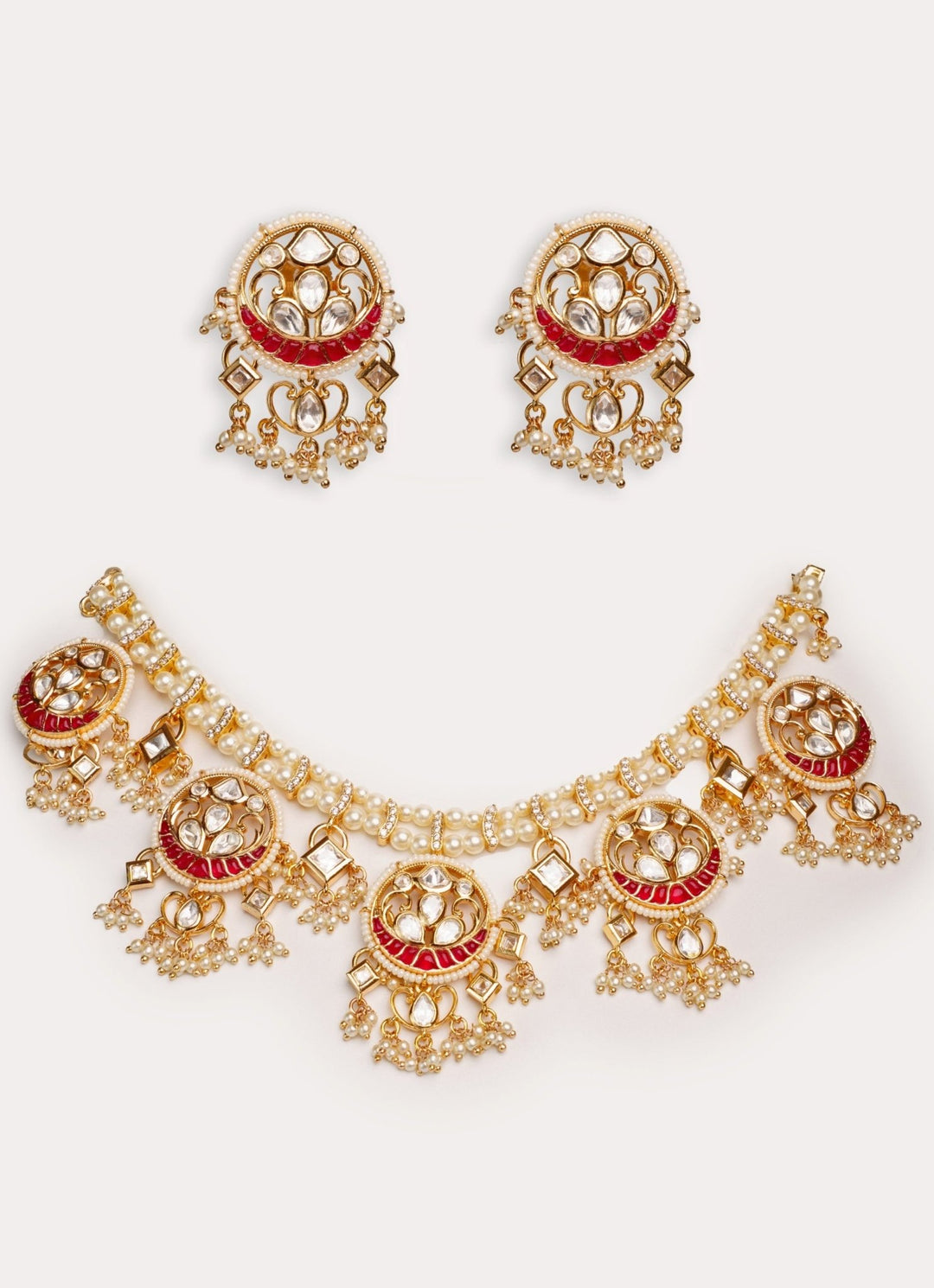 Gold Plated Red Kundan Polki Necklace Set With White Beads Zevar by Geeta - Fabilicious Fashion