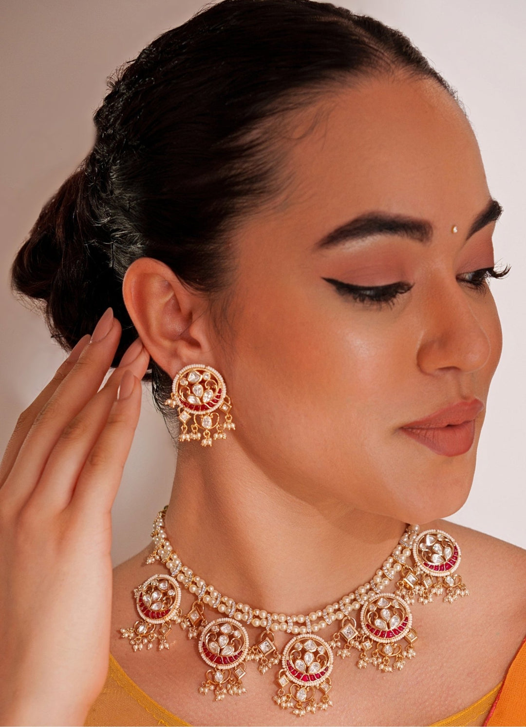 Gold Plated Red Kundan Polki Necklace Set With White Beads Zevar by Geeta - Fabilicious Fashion