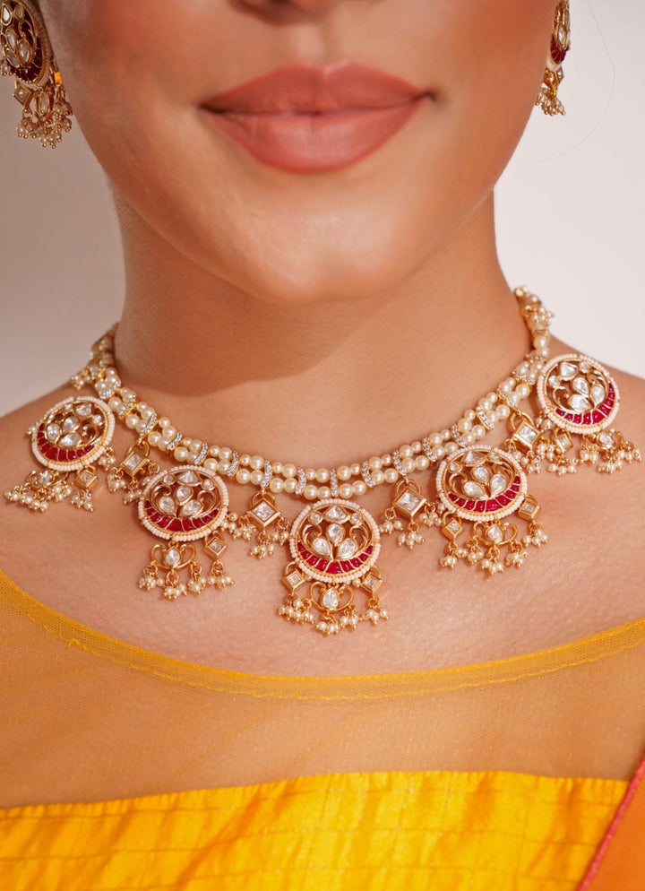 Gold Plated Red Kundan Polki Necklace Set With White Beads Zevar by Geeta - Fabilicious Fashion