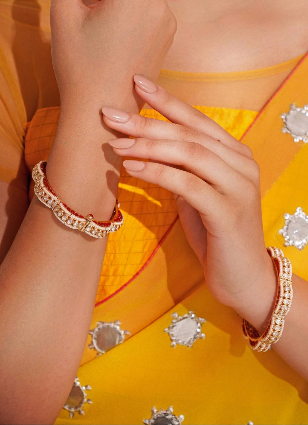 Gold Plated Red Kundan Polki Openable Bangle Set Zevar by Geeta - Fabilicious Fashion