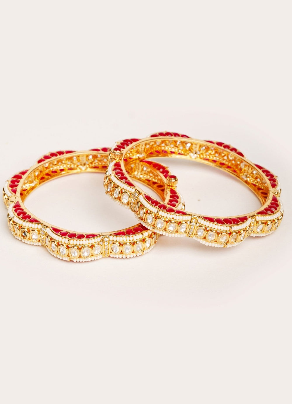 Gold Plated Red Kundan Polki Openable Bangle Set Zevar by Geeta - Fabilicious Fashion