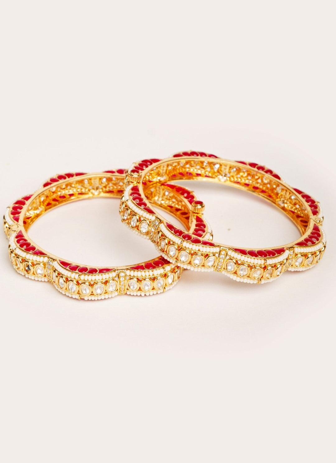 Gold Plated Red Kundan Polki Openable Bangle Set Zevar by Geeta - Fabilicious Fashion