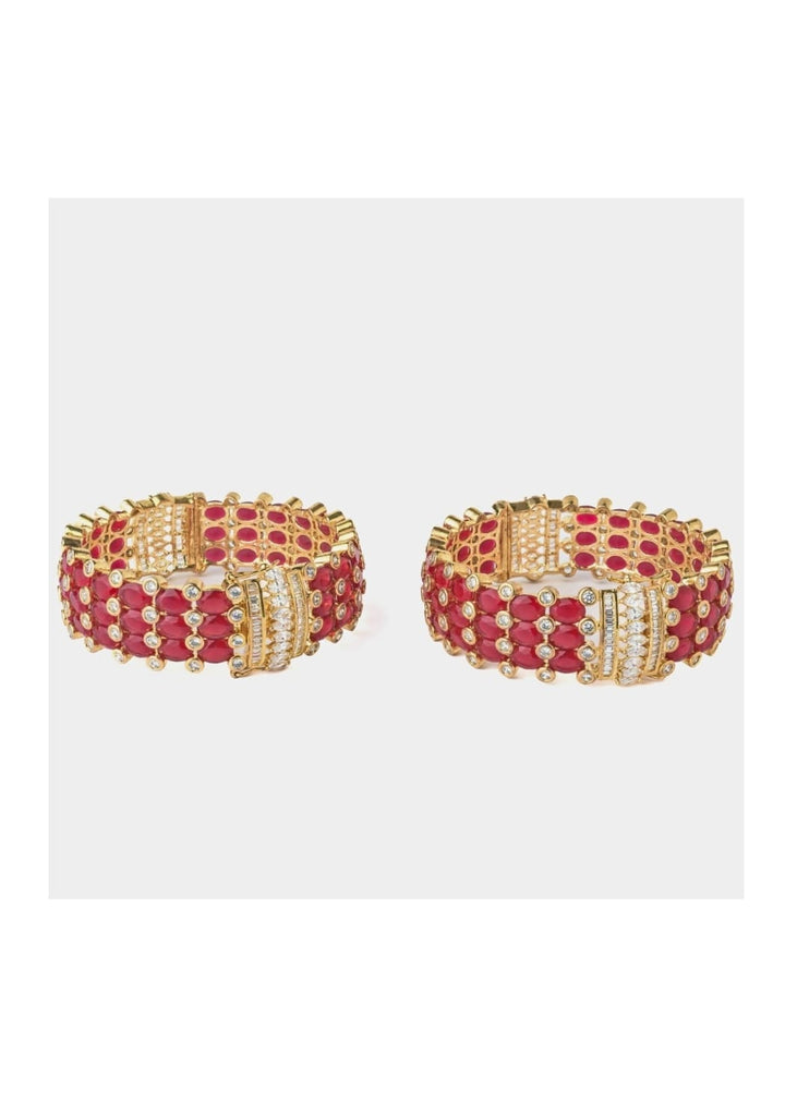 Gold Plated Red Stone And Kundan Polki Bangle Set Fabilicious Fashion - Fabilicious Fashion