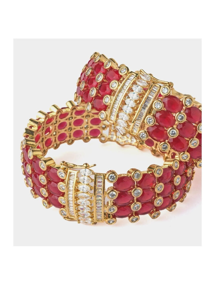 Gold Plated Red Stone And Kundan Polki Bangle Set Fabilicious Fashion - Fabilicious Fashion