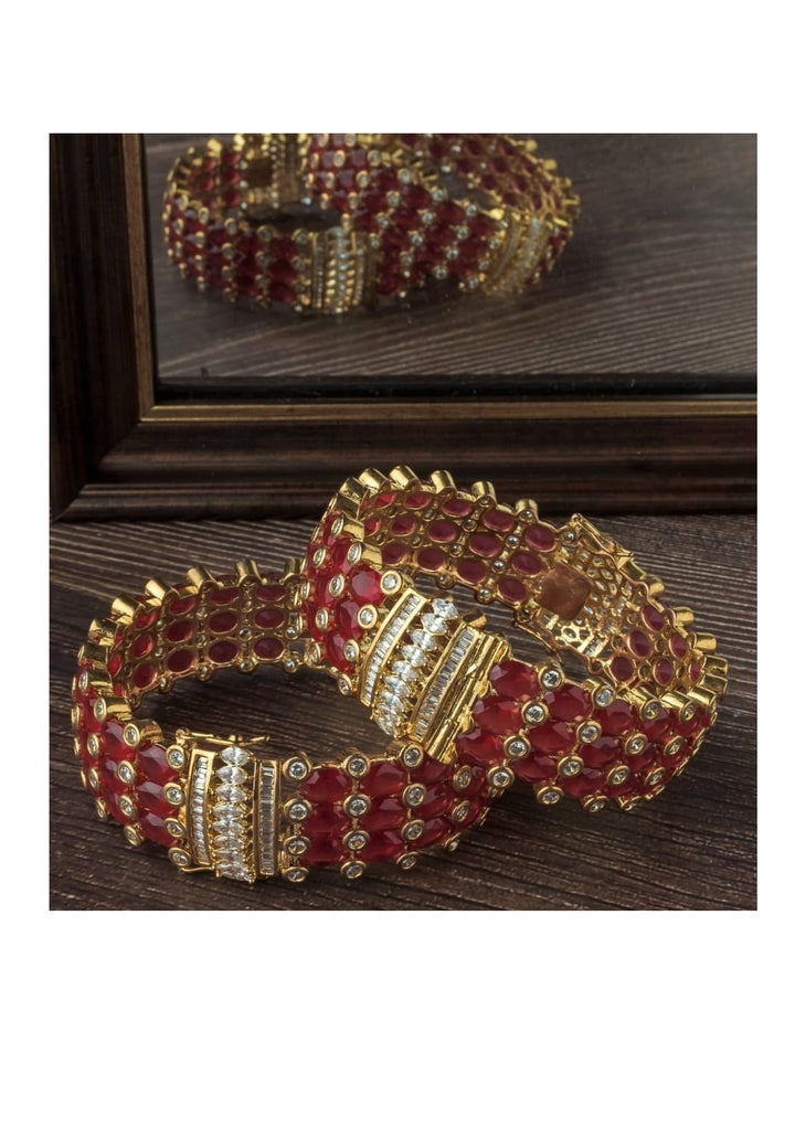 Gold Plated Red Stone And Kundan Polki Bangle Set Fabilicious Fashion - Fabilicious Fashion