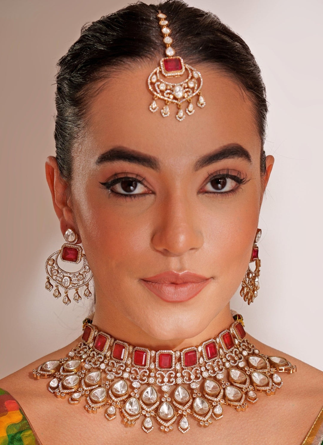 Gold Plated Red Stone Kundan Necklace Set With Maangtikka. Zevar by Geeta - Fabilicious Fashion