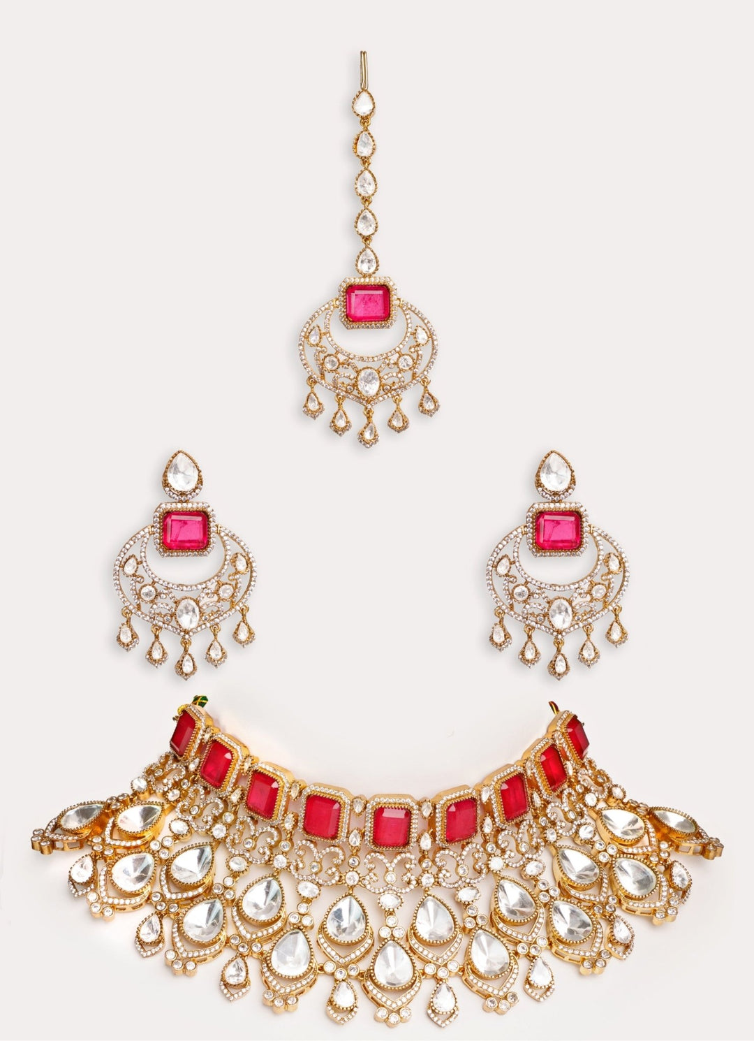 Gold Plated Red Stone Kundan Necklace Set With Maangtikka. Zevar by Geeta - Fabilicious Fashion