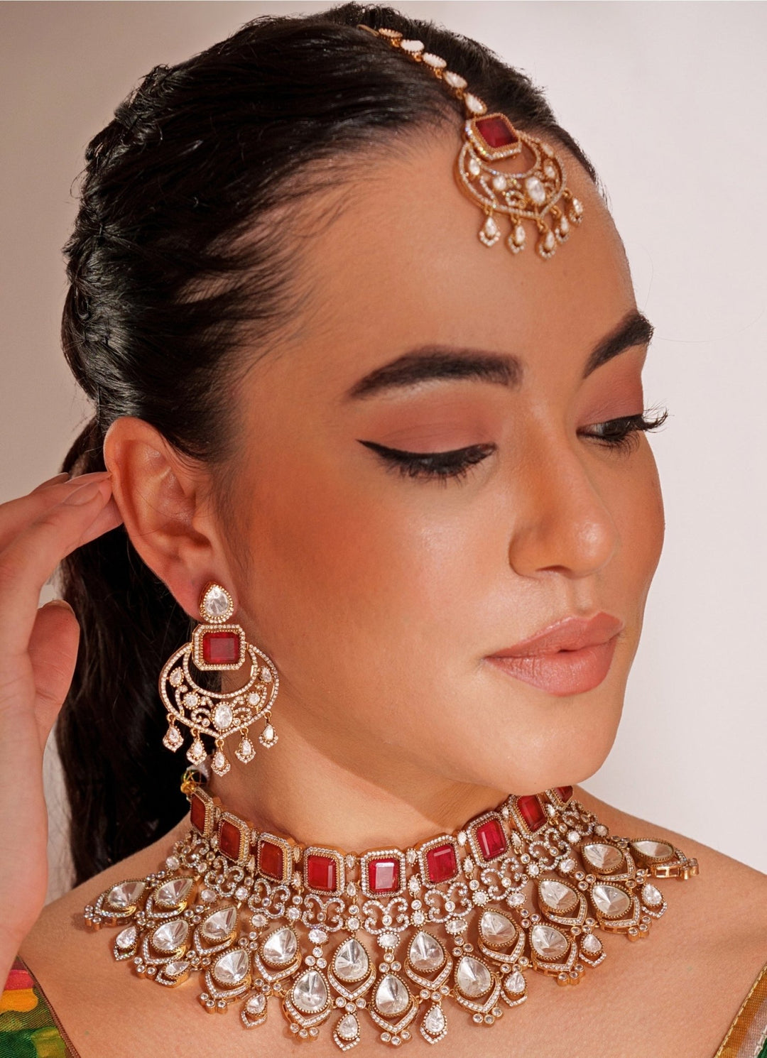 Gold Plated Red Stone Kundan Necklace Set With Maangtikka. Zevar by Geeta - Fabilicious Fashion